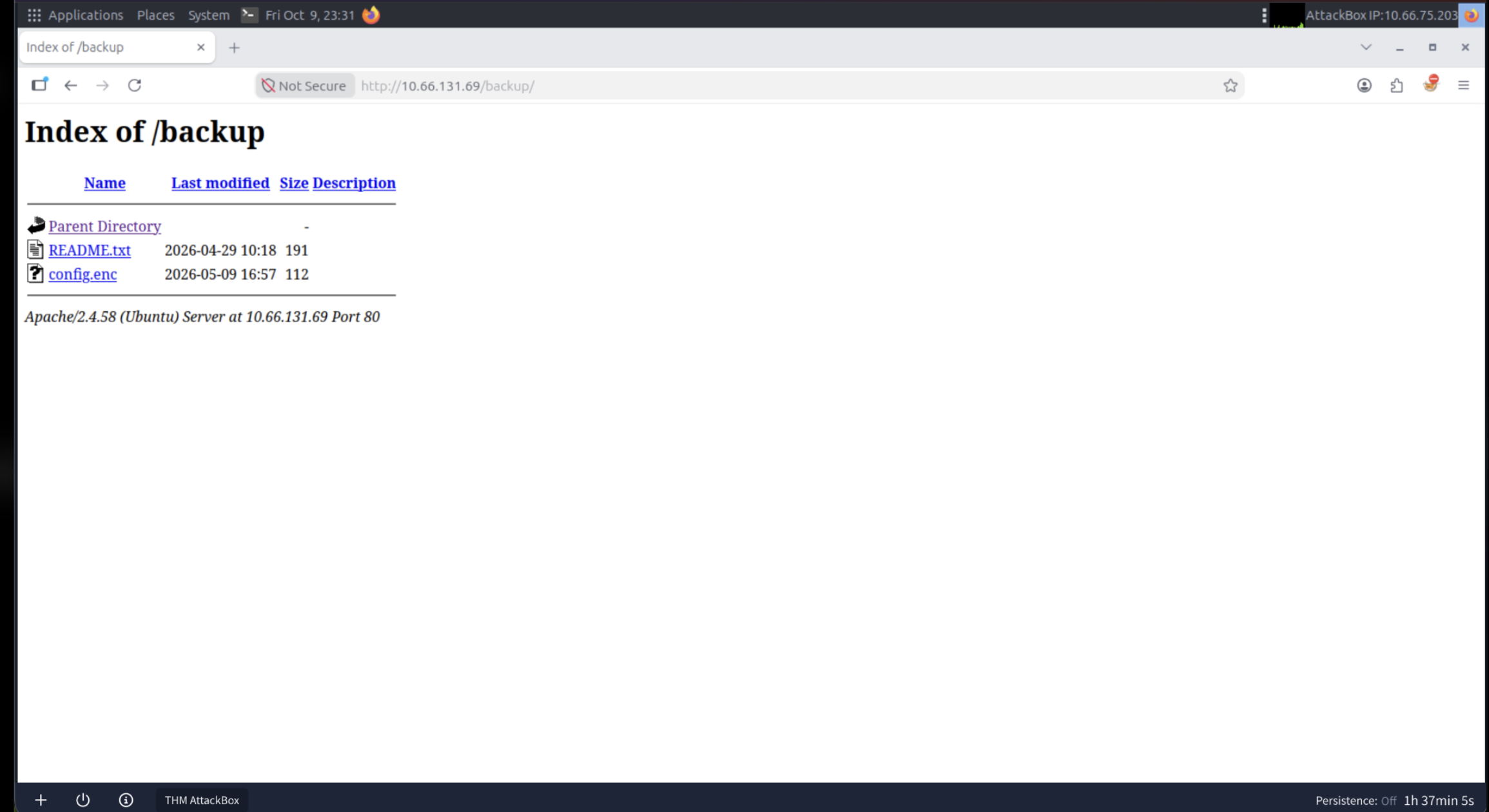 Listado público del directorio backup con README.txt y config.enc