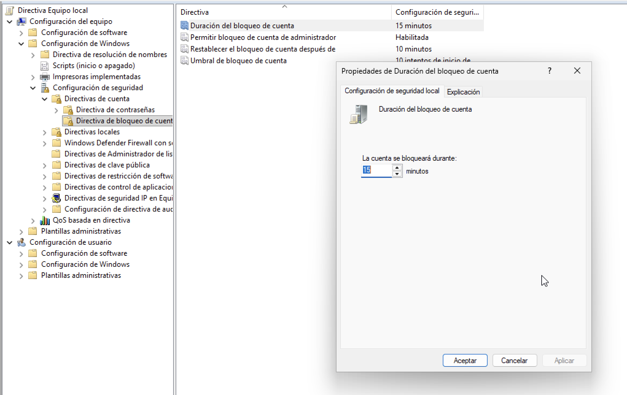 Modificación de la política de bloqueo de cuentas en el Editor de Directivas de Grupo