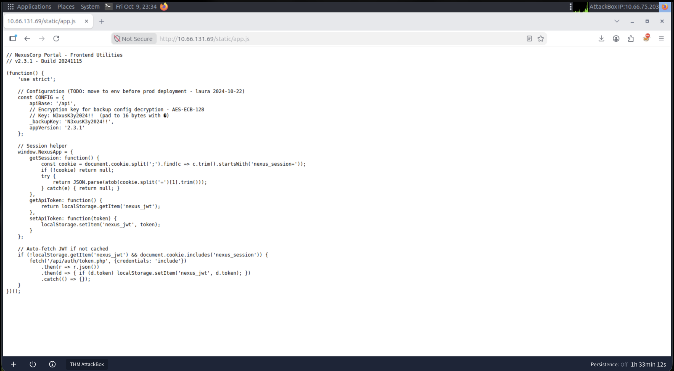 Código JavaScript público con referencia a la clave de cifrado
