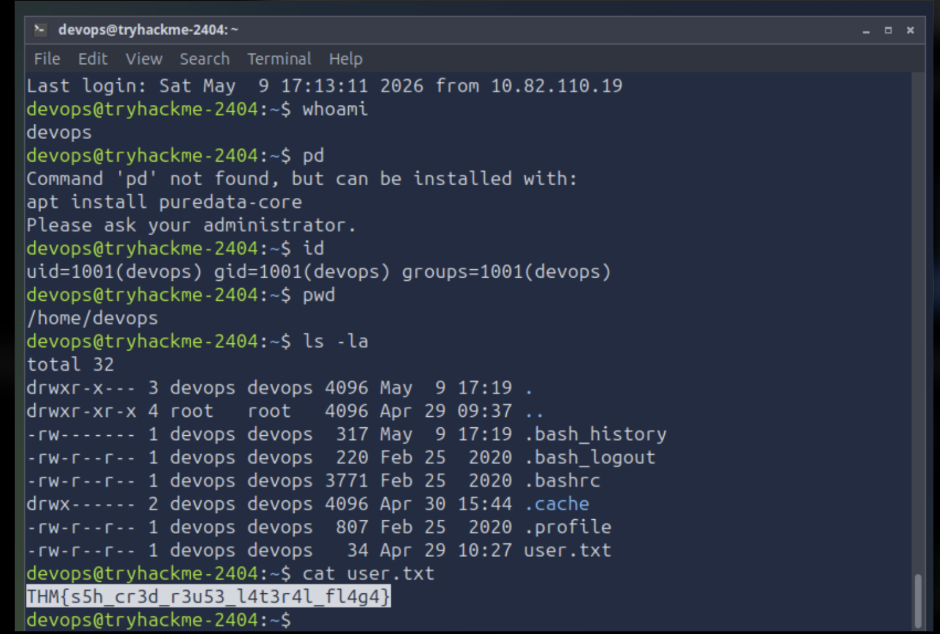 Sesión SSH como devops y lectura de user.txt