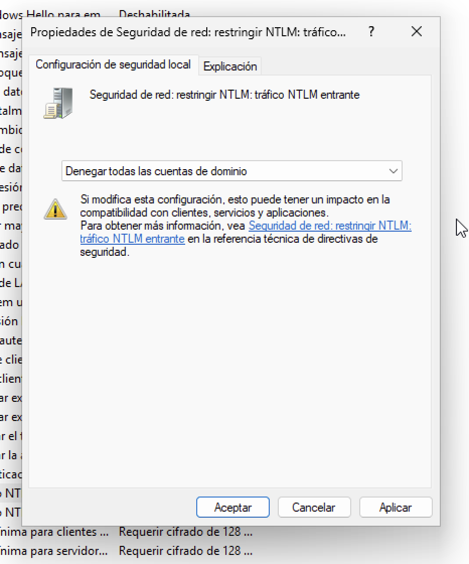 Política de NTLM configurada en el Editor de Directivas de Grupo