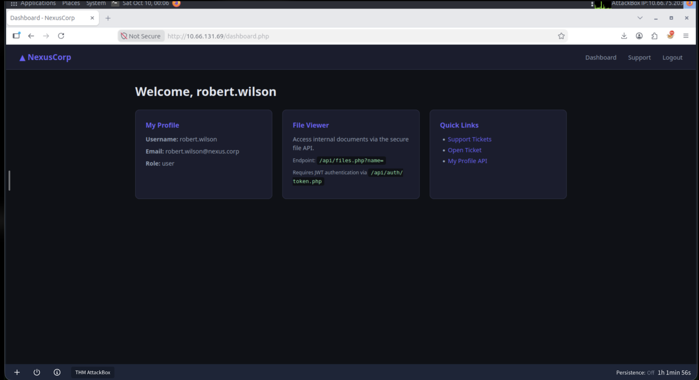 Dashboard autenticado de Robert Wilson con rol user