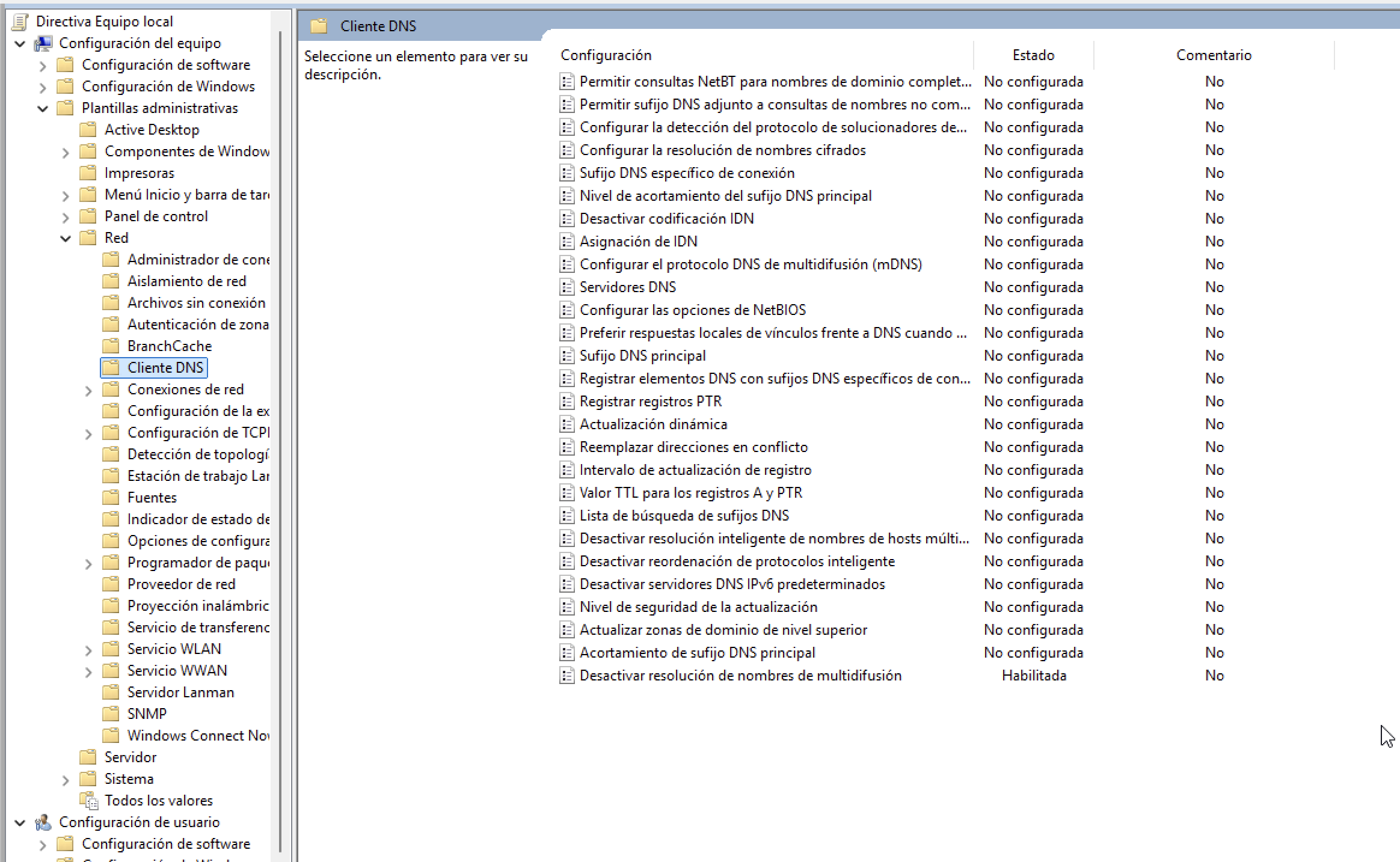 Política de LLMNR configurada en el Editor de Directivas de Grupo